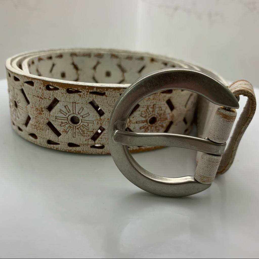 Rolfs Boho Western Tooled Leather Belt Distressed White Large 6029